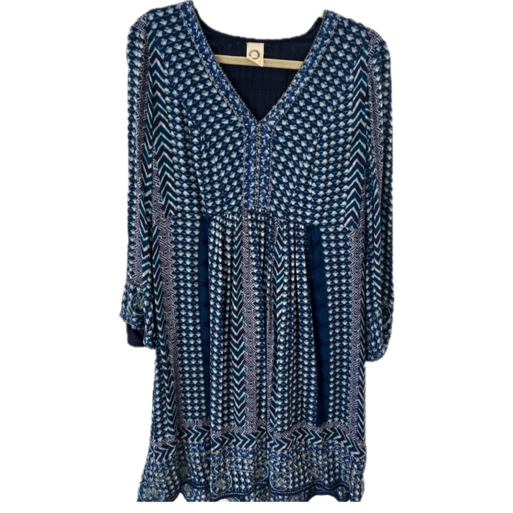 Akemi + Kin Rozlin Dress Anthropologie Blue Embroidered Boho Shift Small